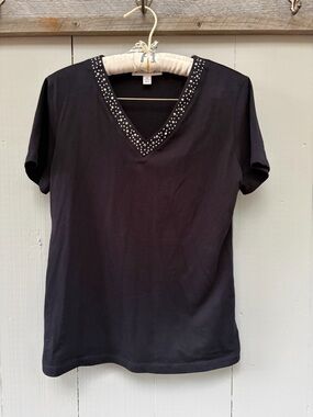 J M Collection Black V-Neck Short Sleeve Top with Studded Trim